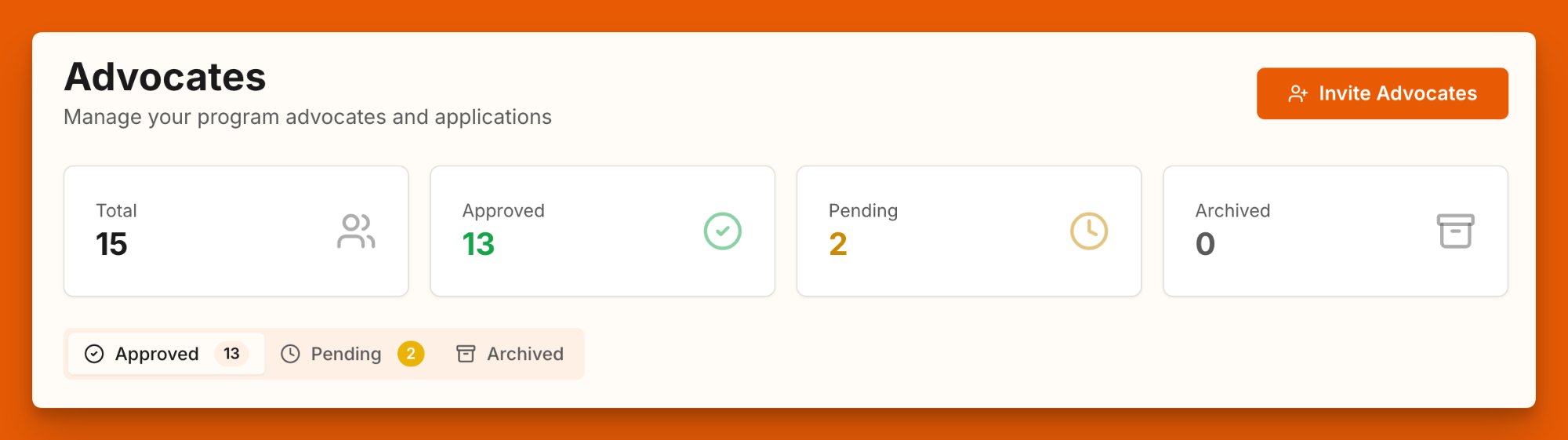 Kindling advocate management — approval pipeline and status tracking