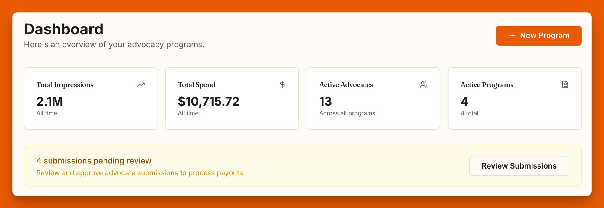 Kindling dashboard — advocacy program overview