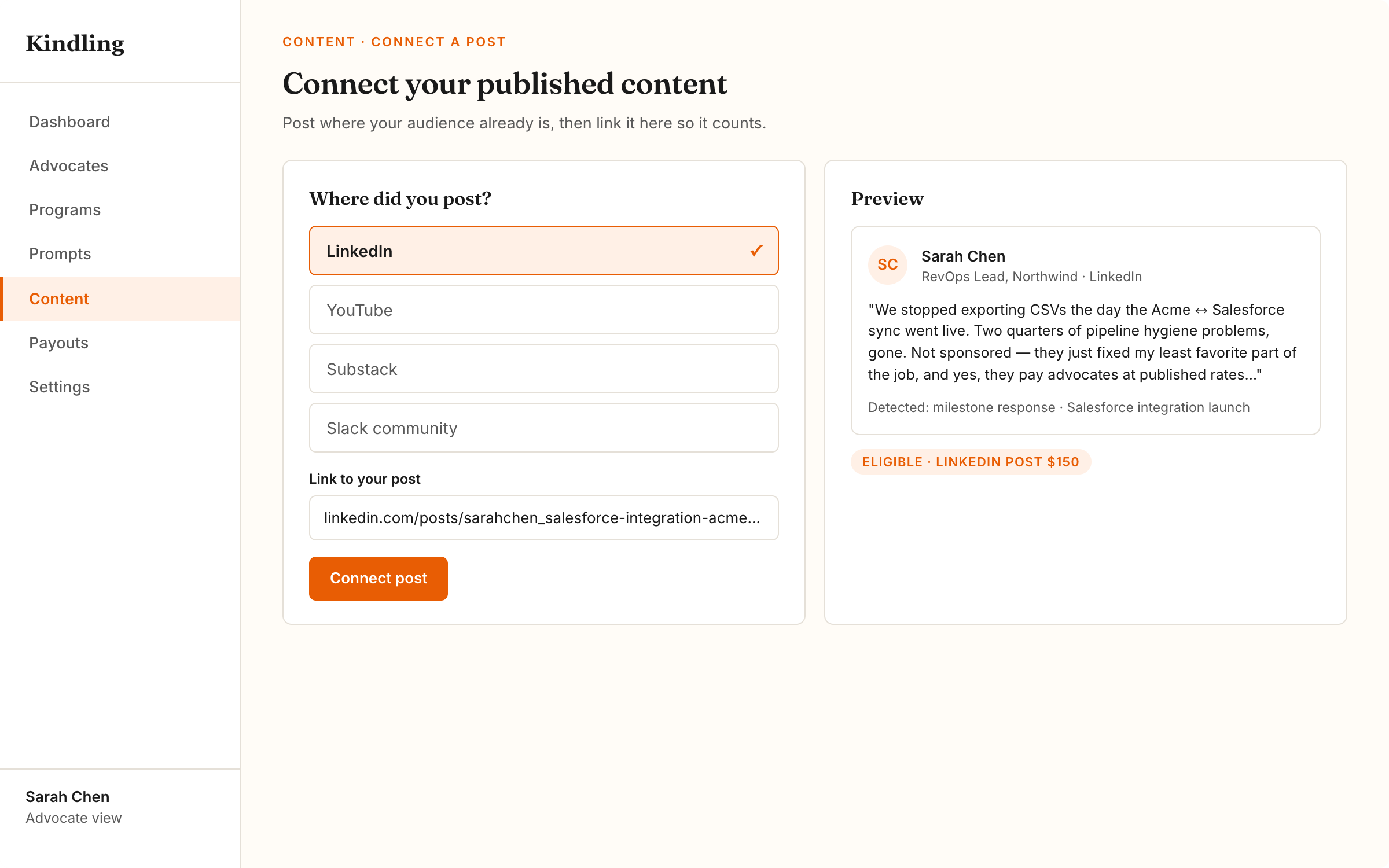 Kindling advocate content submission across platforms